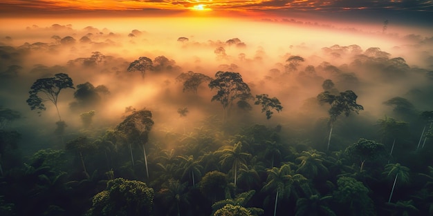 AI Generated AI Generated Piękny zielony krajobraz lasów amazońskich o zachodzie słońca i wschodzie słońca
