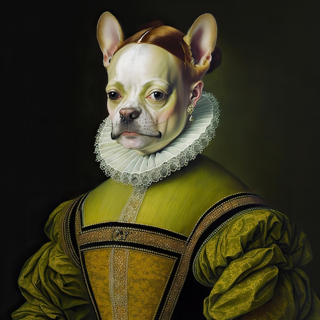 Zdjęcie ai generated ai generative bulldog frenchie pies w historii renaissance cloth costume graphic art