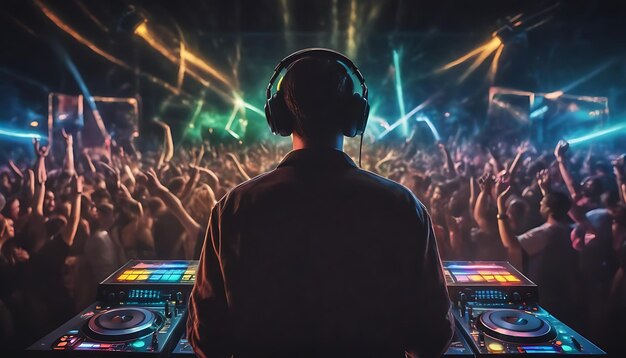 AI Generated AI Generative DJ grający muzykę wokół tłumu z tyłu portretu