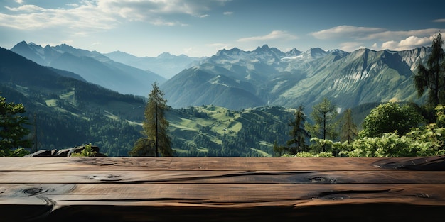 AI Generated AI Generative drewniany stół przyroda na świeżym powietrzu las górski krajobraz przyrody