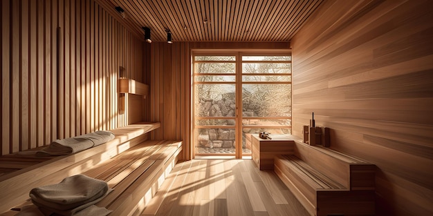AI Generated AI Generative Home Hotel luksusowy drewniany sauna Wewnętrzny projekt wnętrz relaks spa