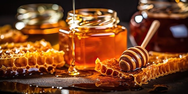 AI Generated AI Generative Honey Honeycomb Desert z drewnianym kijem i szkłem Zdrowe