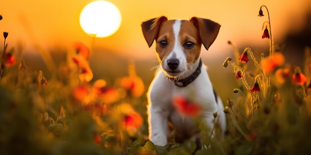 AI Generated AI Generative Jack Russell Terrier Pies Zwierzę Zwierzę przyjaciel ssak na polowych kwiatach