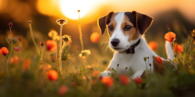 AI Generated AI Generative Jack Russell Terrier Pies Zwierzę Zwierzę przyjaciel ssak na polowych kwiatach