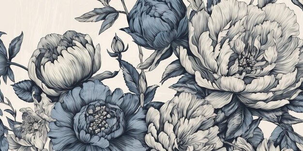 AI Generated AI Generative Retro vintage paint drawing ink sketch peonies flowers in blue old style