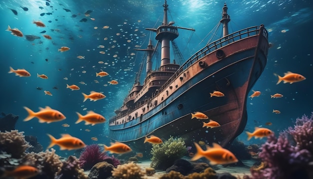 AI Generated AI Generative zdjęcie statku pod wodą i ryb