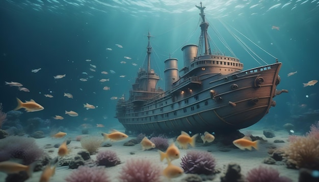 AI Generated AI Generative zdjęcie statku pod wodą i ryb