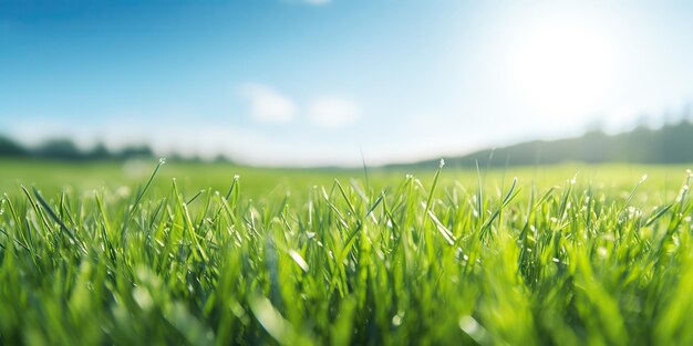 AI Generated AI Generative Zielona świeża trawa polna łąka z niebieskim horyzontem tła Mock up inspirująca dzika przyroda na świeżym powietrzu Ilustracja graficzna