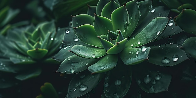 AI Generated AI Generative Zielony tropik egzotyczna roślina kwiat liść sukulent z wodą kropla deszczu Ilustracja zdjęcie Grafika