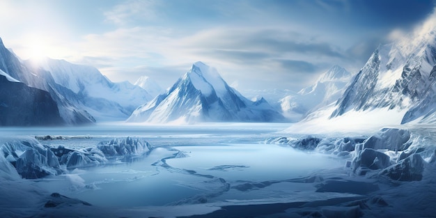 AI Generated AI Generative Zima lód śnieg zamarznięte jezioro natura zewnętrzne tło z górami krajobraz Grafika