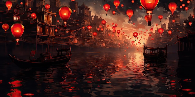 AI Generated AI Genetive Chińskie azjatyckie miasto rzeka port tradycja wakacje z latającymi latarniami