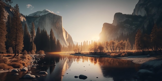 AI Generated AI Genetive Fotorealistyczna ilustracja amerykańskiego parku narodowego Yosemite