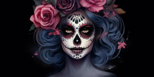 AI Generated AI Genetive Muertos Meksykańska łacina dzień zmarłych wakacje karnawał kobieta makijaż