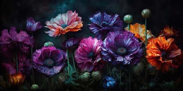 AI Generated AI Genetive Piękne malowane kwiaty rysunek olejny Estetyka styl inspirowany mrocznym nastrojem Klimat Tima Burtona Grafika