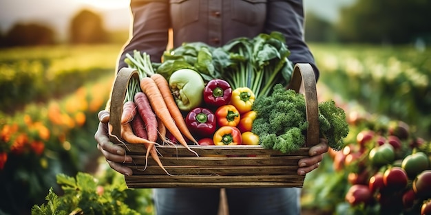 AI Generated AI Genetive Rolnik zbiera ręce trzymając warzywa i owoce