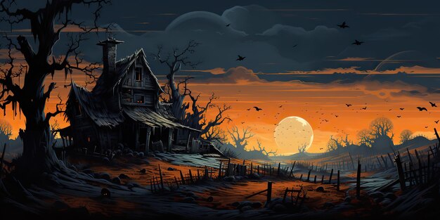 AI Generated AI Genetive Zabytkowe retro antyczny stary opuszczony wiejski dom Nocny księżyc ciemny drewniany halloween straszny boo wiejski budynek grafika
