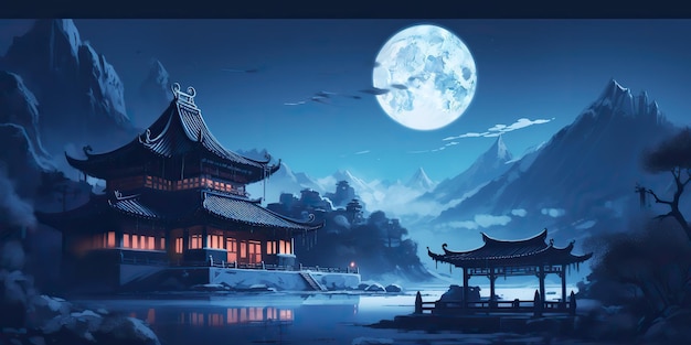 AI Generated Asian chiński styl kreskówki niebieskie kolory pagoda wieża świątynna krajobraz AI generatywne