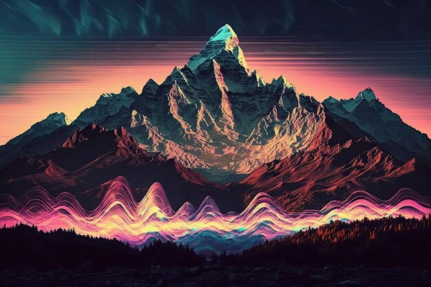 AI Generated Generative AI Syntwave Mountains Future Adventure Exploration Może być używany do dekoracji Ilustracja w stylu cyberpunk