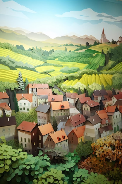 AI Generative 3D Origami Field Cut Wallpaper Malownicza europejska wioska położona wśród wzgórz
