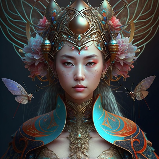 Ai generatywna ilustracja kobieta z koroną i nakryciem głowy z motylami