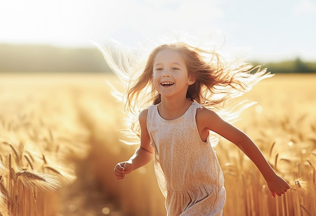 Ai generatywnego obrazu Szczęśliwe dziecko blondynka biegające po polu na zewnątrz