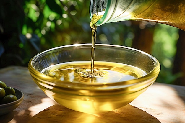 Ai generatywny Olej z oliwek wylewa się z butelki do miski