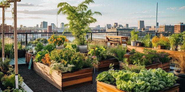 AI generowany AI generatywny Dach miasta budynek miejski ziołowe ogrody organiczne warzywa