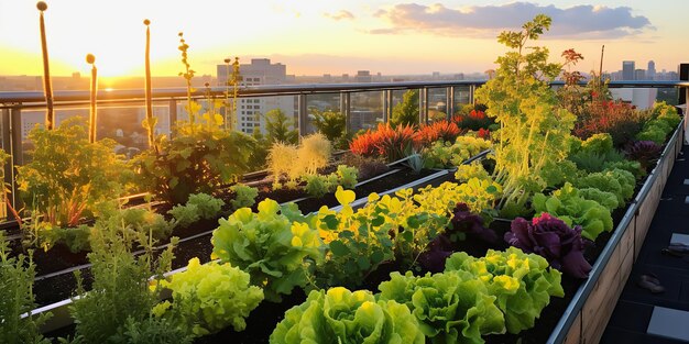 AI generowany AI generatywny Dach miasta budynek miejski ziołowe ogrody organiczne warzywa