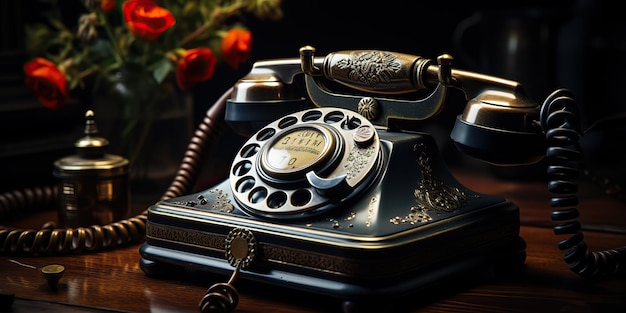 AI generowany AI generatywny Klasyczny retro vintage antyczny telefon rozmowa telefon na drewnianym