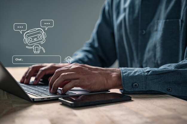AI helps generate content using a prompt chatbot shown as a virtual assistant on a computer with a man working in digital creative fields using the AI app for data search