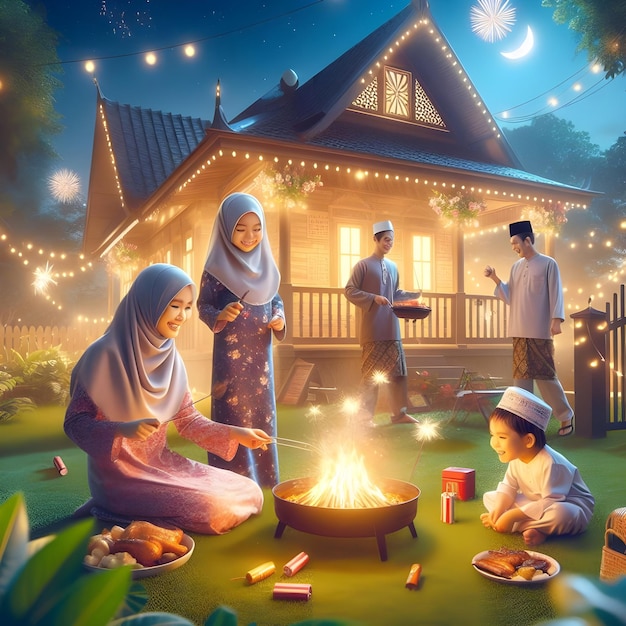 AI Malajczyków świętujących Hari Raya Aidilfitri w swoich domowych środowiskach