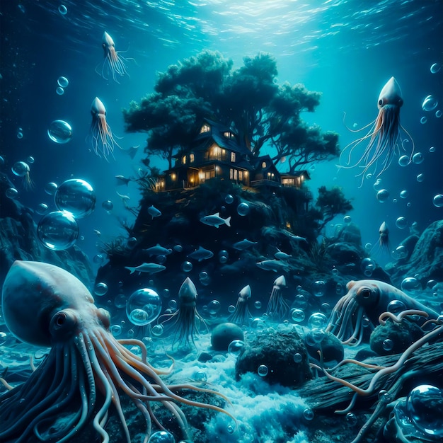Ai obrazy jurajskiego potwora pod wodą niebieskie morze i opuszczona wyspa
