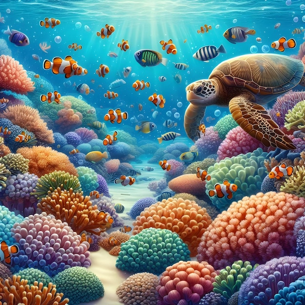 AI podwodnej sceny pełnej kolorowych koralowców wielu ryb i łagodnych stworzeń morskich
