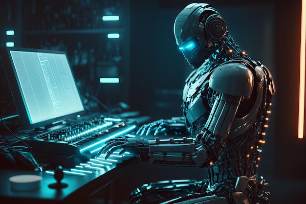 Ai Robot pracujący z komputerem Futurystyczny robotnik humanoidalny Generative Ai