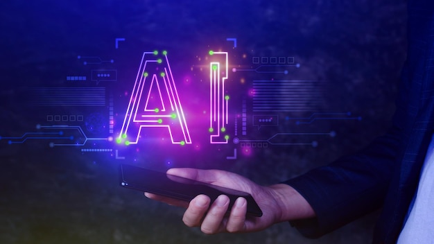 AI tech Biznesmen korzystający z wirtualnej grafiki Globalne połączenie z Internetem Chatgpt Czatuj ze sztuczną inteligencją AI za pomocą wiersza poleceń, aby coś wygenerować Futurystyczna transformacja technologii