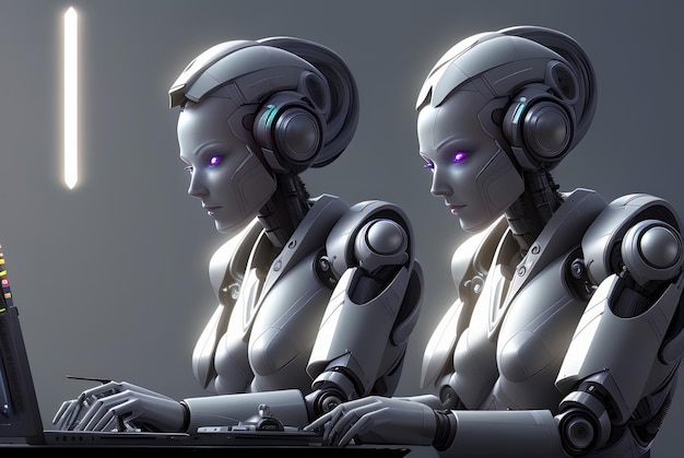 Ai w pracy futurystyczna kobieta-robot cyberwoman wpisując w oświetlonym neonami pokoju na ekranie komputera generatywne ai