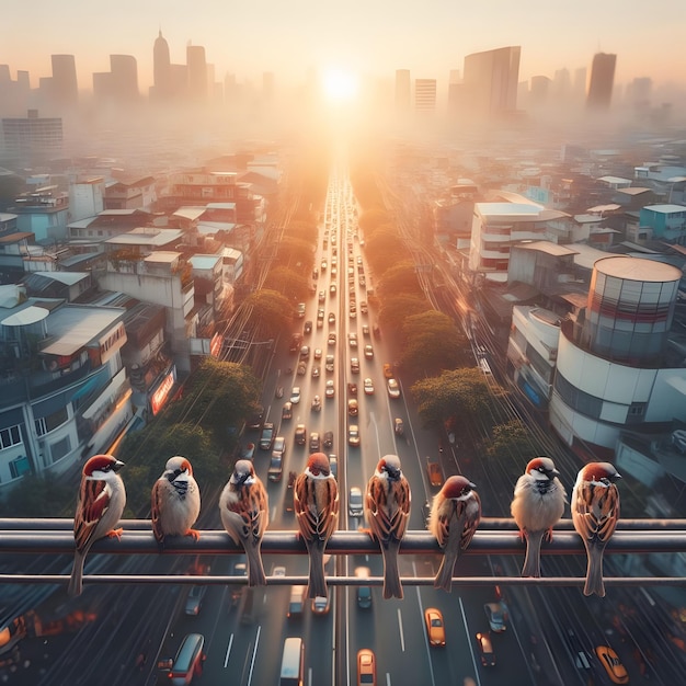 AI wróbla stojący na cienkim przewodzie elektrycznym na ogromnej wysokości na ruchliwej ulicy krajobraz sk