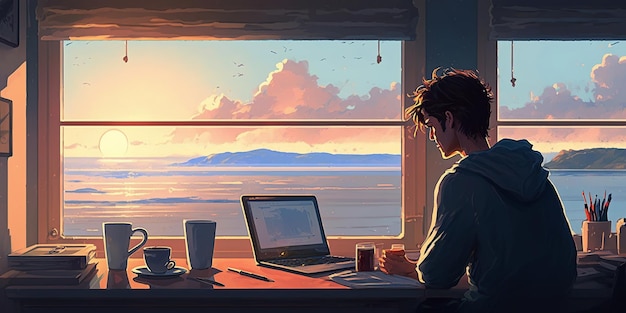 Ai wygenerował ilustrację człowieka pracującego przy biurku komputerowym z widokiem na okno kurortu morskiego
