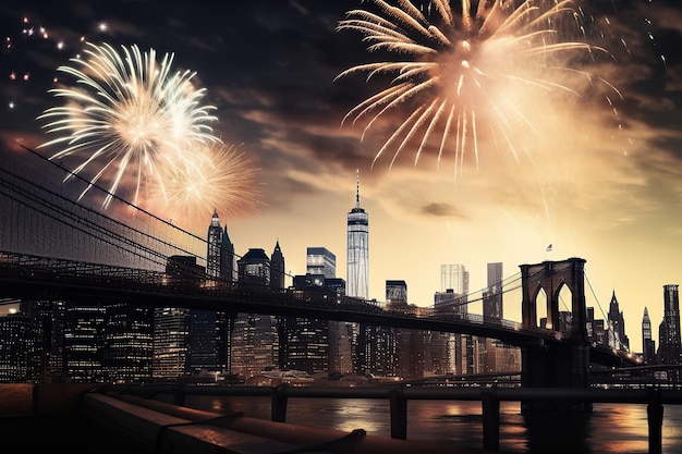 Ai wygenerował ilustrację Nowy Jork w Sylwestra z fajerwerkami nad miastem