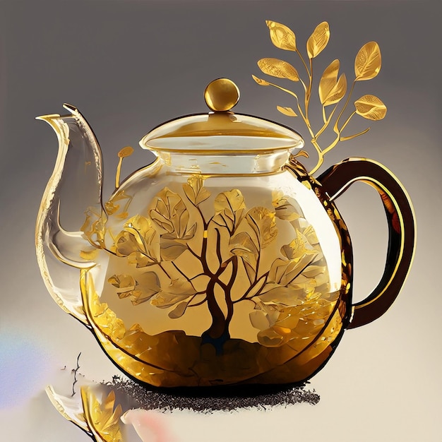 Ai wygenerował ilustrację przezroczystego czajnika z złotymi gałęziami drzew