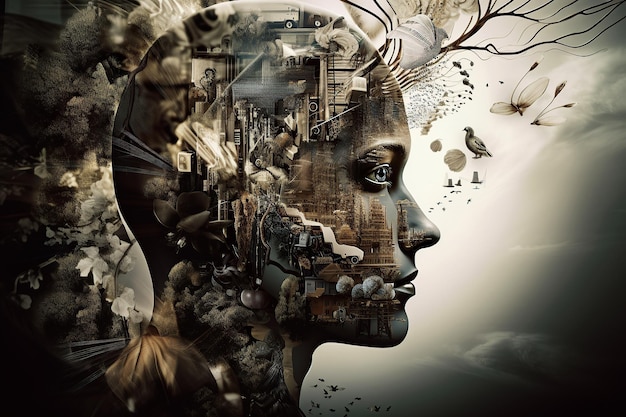 Ai wygenerował ilustrację warstwową Digital Art Collage of a Profile Head and Plants