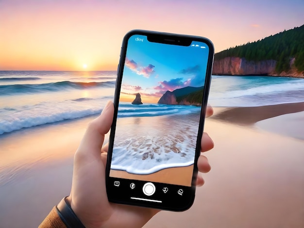 AI wygenerował obraz fotografii letniej pięknej plaży na telefonie w ręku