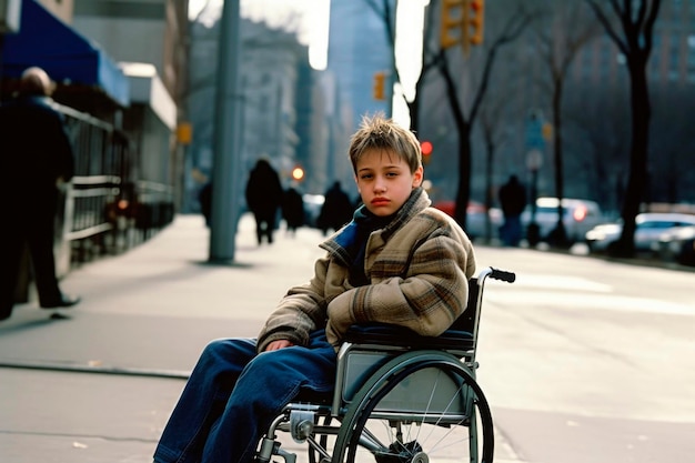 AI wygenerował portret szczerego autentycznego niepełnosprawnego smutnego chłopca na wózku inwalidzkim na świeżym powietrzu