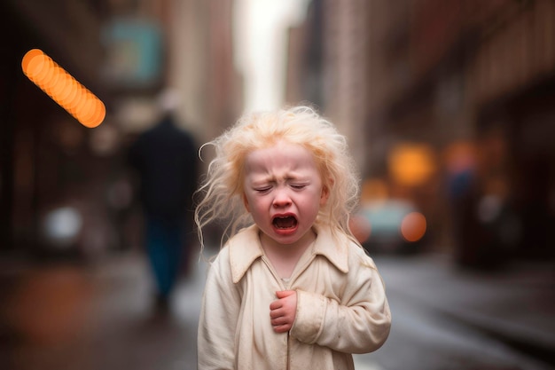 Zdjęcie ai wygenerował portret szczerej, autentycznej, przestraszonej dziewczynki albinos na tle miejskiej ulicy