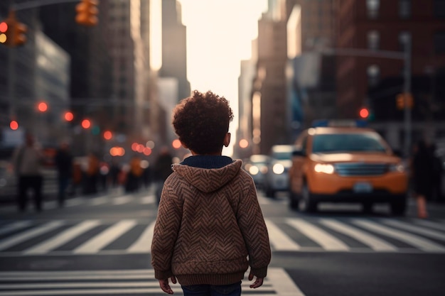 AI wygenerował widok z tyłu portret szczerego afrykańskiego amerykańskiego małego chłopca na tle miejskiej ulicy