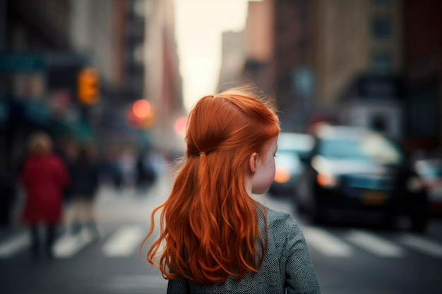 Zdjęcie ai wygenerował widok z tyłu portret szczerej autentycznej rudowłosej dziewczynki na tle miejskiej ulicy
