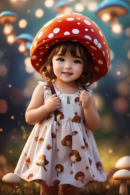 Ai wygenerowała grafikę przedstawiającą śliczną dziewczynkę w grzybkowym kapeluszu