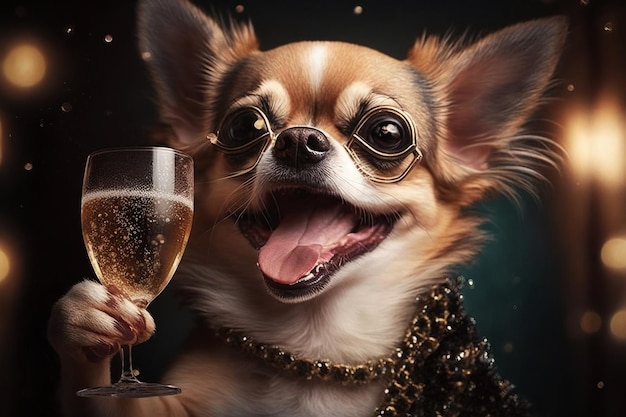 Zdjęcie ai wygenerowała ilustrację chihuahua trzymającą kieliszek do wina