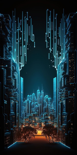 Ai wygenerowała ilustrację futurystycznej płytki drukowanej z inteligentnym miastem