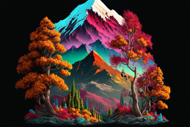 AI wygenerowała ilustrację kolorowych drzew i gór na czarnym tle